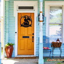 Custom black metal dragon sign with personalized name and year, western-style fantasy silhouette, powder-coated steel wall decor for home or man cave