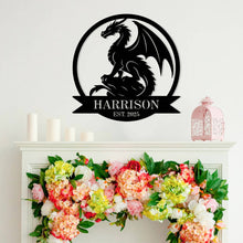 Custom black metal dragon sign with personalized name and year, western-style fantasy silhouette, powder-coated steel wall decor for home or man cave