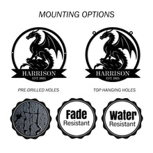 Custom black metal dragon sign with personalized name and year, western-style fantasy silhouette, powder-coated steel wall decor for home or man cave