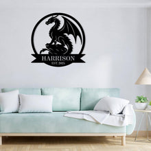 Custom black metal dragon sign with personalized name and year, western-style fantasy silhouette, powder-coated steel wall decor for home or man cave
