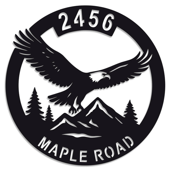 Custom eagle address sign with house number and street name, laser-cut metal wall art for outdoor home décor, featuring soaring eagle, mountains, and trees.