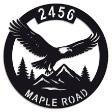 Custom eagle address sign with house number and street name, laser-cut metal wall art for outdoor home décor, featuring soaring eagle, mountains, and trees.