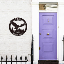 Custom eagle address sign with house number and street name, laser-cut metal wall art for outdoor home décor, featuring soaring eagle, mountains, and trees.