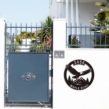 Custom eagle address sign with house number and street name, laser-cut metal wall art for outdoor home décor, featuring soaring eagle, mountains, and trees.