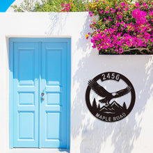 Custom eagle address sign with house number and street name, laser-cut metal wall art for outdoor home décor, featuring soaring eagle, mountains, and trees.