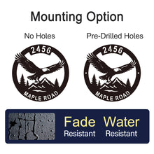Custom eagle address sign with house number and street name, laser-cut metal wall art for outdoor home décor, featuring soaring eagle, mountains, and trees.