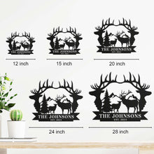 Custom metal sign featuring deer, antlers, pine trees, mountains, and personalized family name and established year.