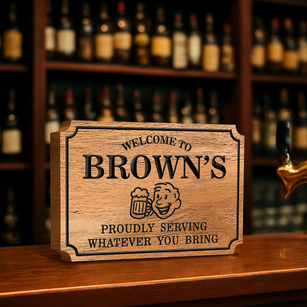 Custom engraved pine wood bar sign with personalized text and graphics, CNC carved, perfect for home bar decor or gift.