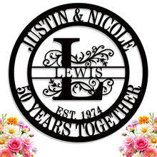 Personalized round metal sign with family name, floral design, and