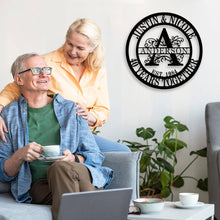 Personalized round metal sign with family name, floral design, and