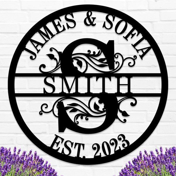 Custom round metal sign with couple's names, last name initial, and customizable EST. year.