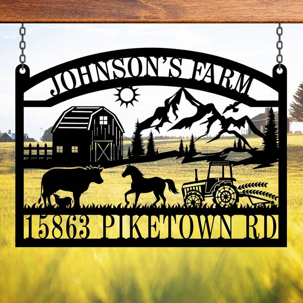Custom farm metal sign with barn, animals, tractor, mountains, and personalized farm name and address.