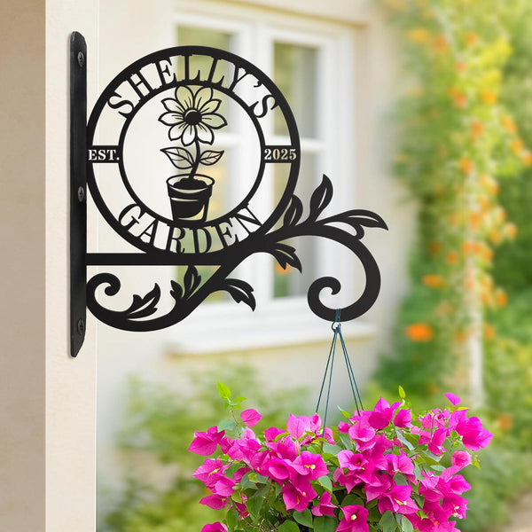 Custom metal garden hook sign with flower pot design and personalized text, perfect for hanging plants outdoors.