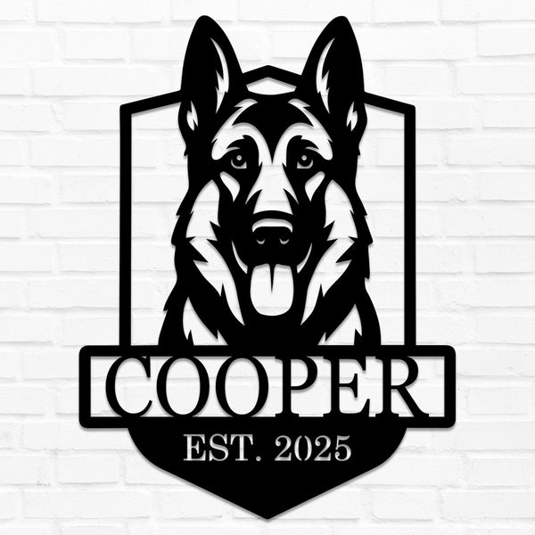 Personalized German Shepherd dog metal sign with custom name and established year, laser-cut steel wall art for pet lovers