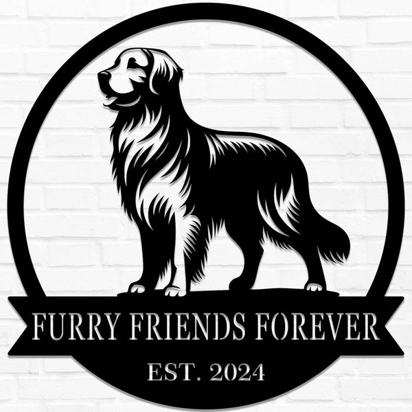 Custom metal dog sign – Personalized pet memorial plaque with 'Furry Friends Forever' and established year.