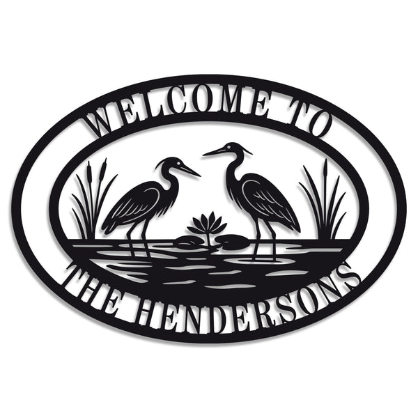 Custom heron metal sign with personalized text, laser-cut steel wall décor for cottage, lake house, or cabin, powder-coated for outdoor durability.