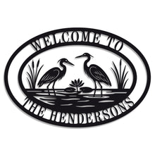 Custom heron metal sign with personalized text, laser-cut steel wall décor for cottage, lake house, or cabin, powder-coated for outdoor durability.