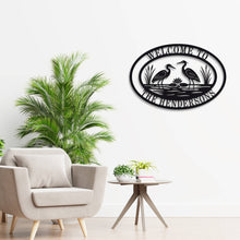 Custom heron metal sign with personalized text, laser-cut steel wall décor for cottage, lake house, or cabin, powder-coated for outdoor durability.