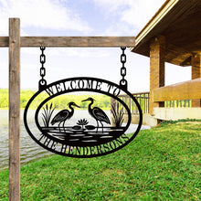 Custom heron metal sign with personalized text, laser-cut steel wall décor for cottage, lake house, or cabin, powder-coated for outdoor durability.