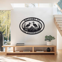 Custom heron metal sign with personalized text, laser-cut steel wall décor for cottage, lake house, or cabin, powder-coated for outdoor durability.