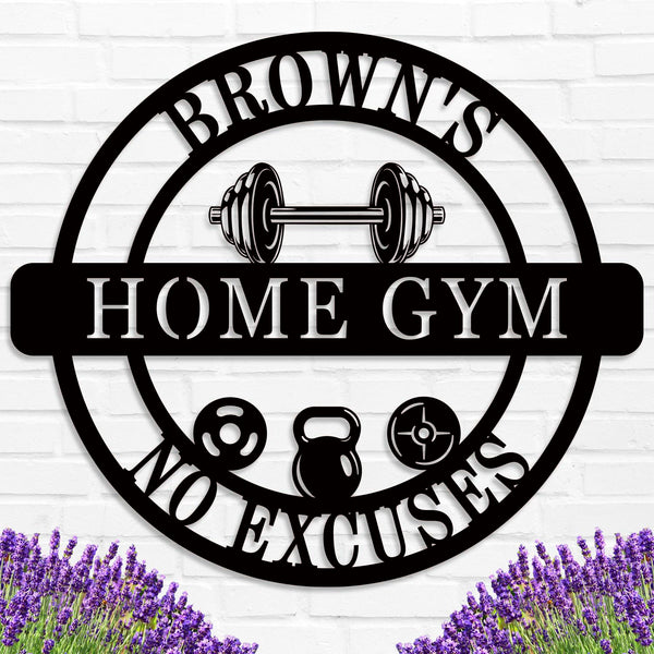Custom Home Gym Metal Sign with personalized text, dumbbell design, and motivational symbols, laser-cut from premium steel with powder coat finish.