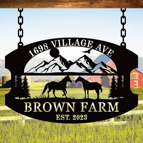 Custom metal farm sign featuring a laser-cut design with mountains, horses, and trees. Personalized text options for a unique farm or home décor piece.