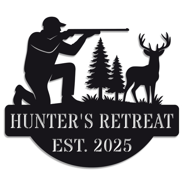 Personalized hunter metal sign showing kneeling man with rifle aiming at deer, rustic wall decor for hunting cabin or man cave, custom text and year, powder-coated steel design.