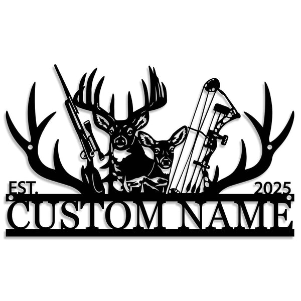 Customizable black metal sign featuring a laser-cut design with a buck and a doe, rifle, bow, and antlers, with "EST. CUSTOM NAME 2025" text.