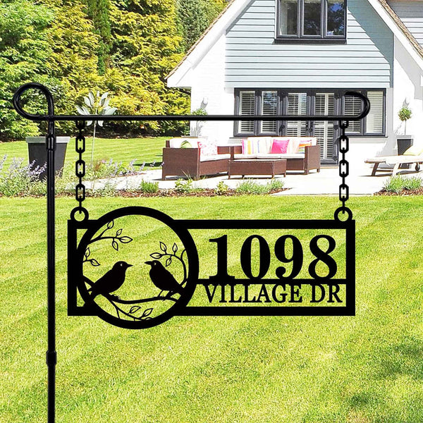 Custom metal address sign with birds, address, hanging outdoor house plaque