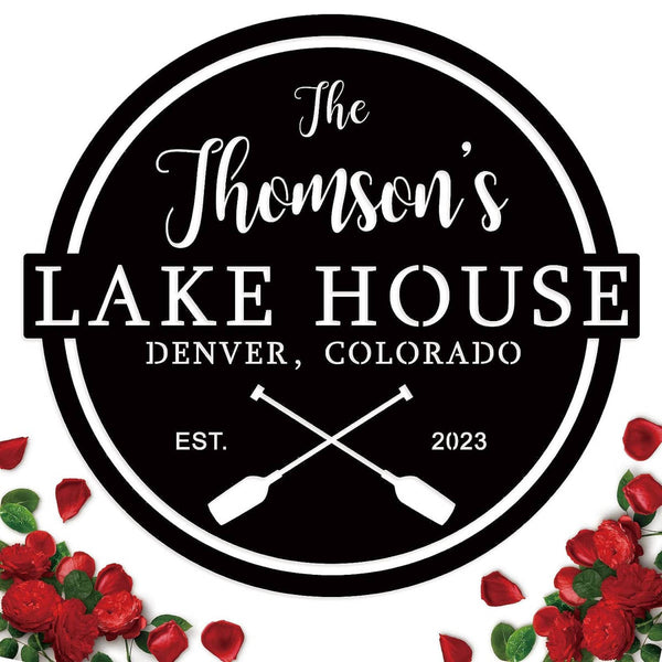 Custom round metal lake house sign with personalized family name, paddles, and "Lake House" text – powder-coated black finish