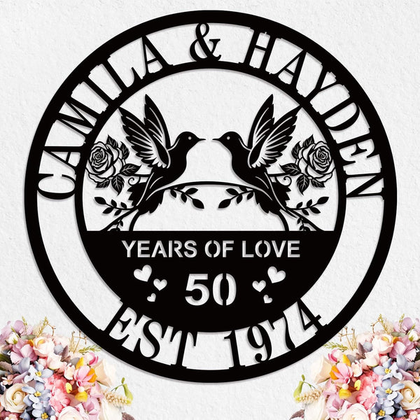Custom metal sign with birds, roses, and personalized names and dates, laser-cut from premium steel and powder-coated, perfect for anniversaries, weddings, or romantic home décor.