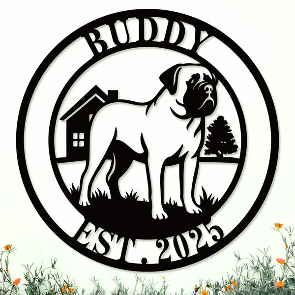 Custom metal Mastiff dog sign with house and tree background – personalized steel wall art with pet name and year, for outdoor or indoor display