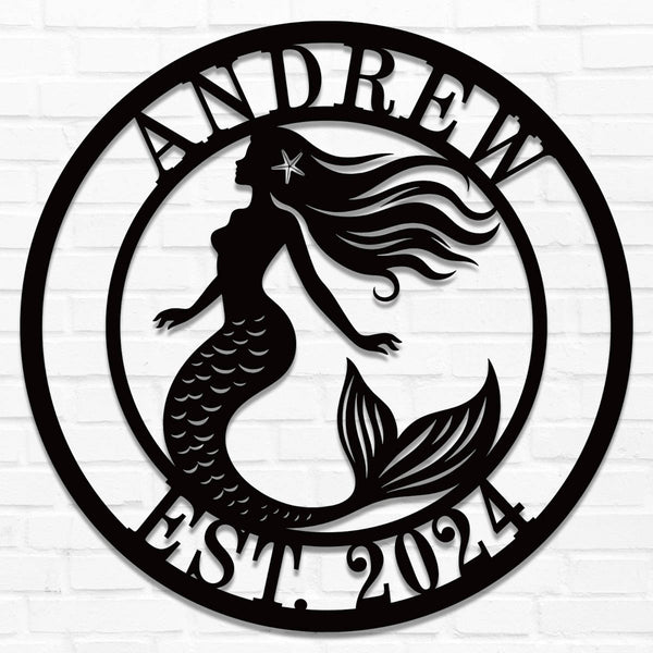 Personalized round mermaid metal sign with flowing hair, featuring custom name and EST. year, laser-cut from steel with powder-coated finish.