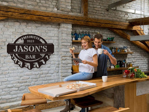 Custom steel bar sign with name and established year text, shaped like a bottle cap, personalized metal wall decor for home bars