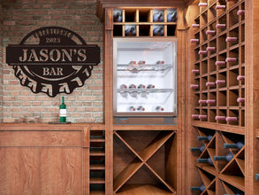 Custom steel bar sign with name and established year text, shaped like a bottle cap, personalized metal wall decor for home bars