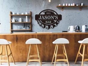 Custom steel bar sign with name and established year text, shaped like a bottle cap, personalized metal wall decor for home bars