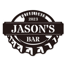 Custom steel bar sign with name and established year text, shaped like a bottle cap, personalized metal wall decor for home bars