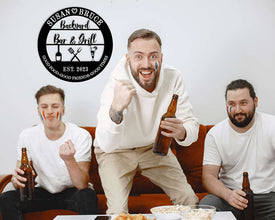 Custom metal backyard bar and grill sign with names, drinks, and utensils, personalized outdoor décor