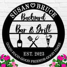 Custom metal backyard bar and grill sign with names, drinks, and utensils, personalized outdoor décor