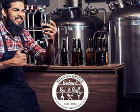 Custom metal backyard bar and grill sign with names, drinks, and utensils, personalized outdoor décor