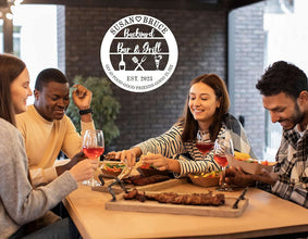 Custom metal backyard bar and grill sign with names, drinks, and utensils, personalized outdoor décor