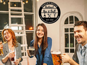 Custom metal backyard bar and grill sign with names, drinks, and utensils, personalized outdoor décor