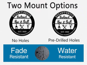 Custom metal backyard bar and grill sign with names, drinks, and utensils, personalized outdoor décor