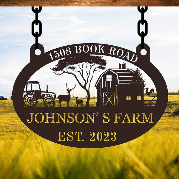 Custom metal farm sign featuring barn, tractor, deer, and personalized text for farm name, address, and year—laser-cut from durable steel with powder-coated finish.