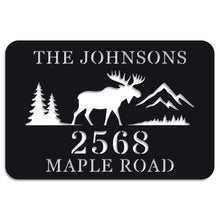 Custom Moose Address Sign with mountains and trees, laser cut from premium steel, personalized with house number and family name, powder coated for outdoor durability.