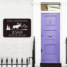 Custom Moose Address Sign with mountains and trees, laser cut from premium steel, personalized with house number and family name, powder coated for outdoor durability.