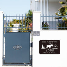 Custom Moose Address Sign with mountains and trees, laser cut from premium steel, personalized with house number and family name, powder coated for outdoor durability.