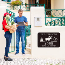 Custom Moose Address Sign with mountains and trees, laser cut from premium steel, personalized with house number and family name, powder coated for outdoor durability.