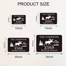 Custom Moose Address Sign with mountains and trees, laser cut from premium steel, personalized with house number and family name, powder coated for outdoor durability.