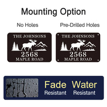Custom Moose Address Sign with mountains and trees, laser cut from premium steel, personalized with house number and family name, powder coated for outdoor durability.